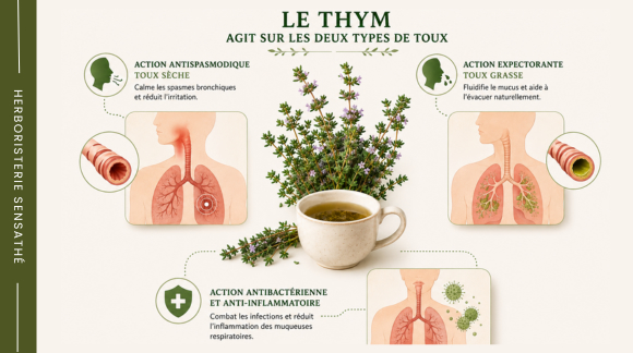 Schéma illustratif des propriétés du thym contre la toux sèche et la toux grasse avec action expectorante et apaisante des bronches - Herboristerie Sensathé Schéma illustratif des propriétés du thym contre la toux sèche et la toux grasse avec action expectorante et apaisante des bronches - Herboristerie Sensathé
